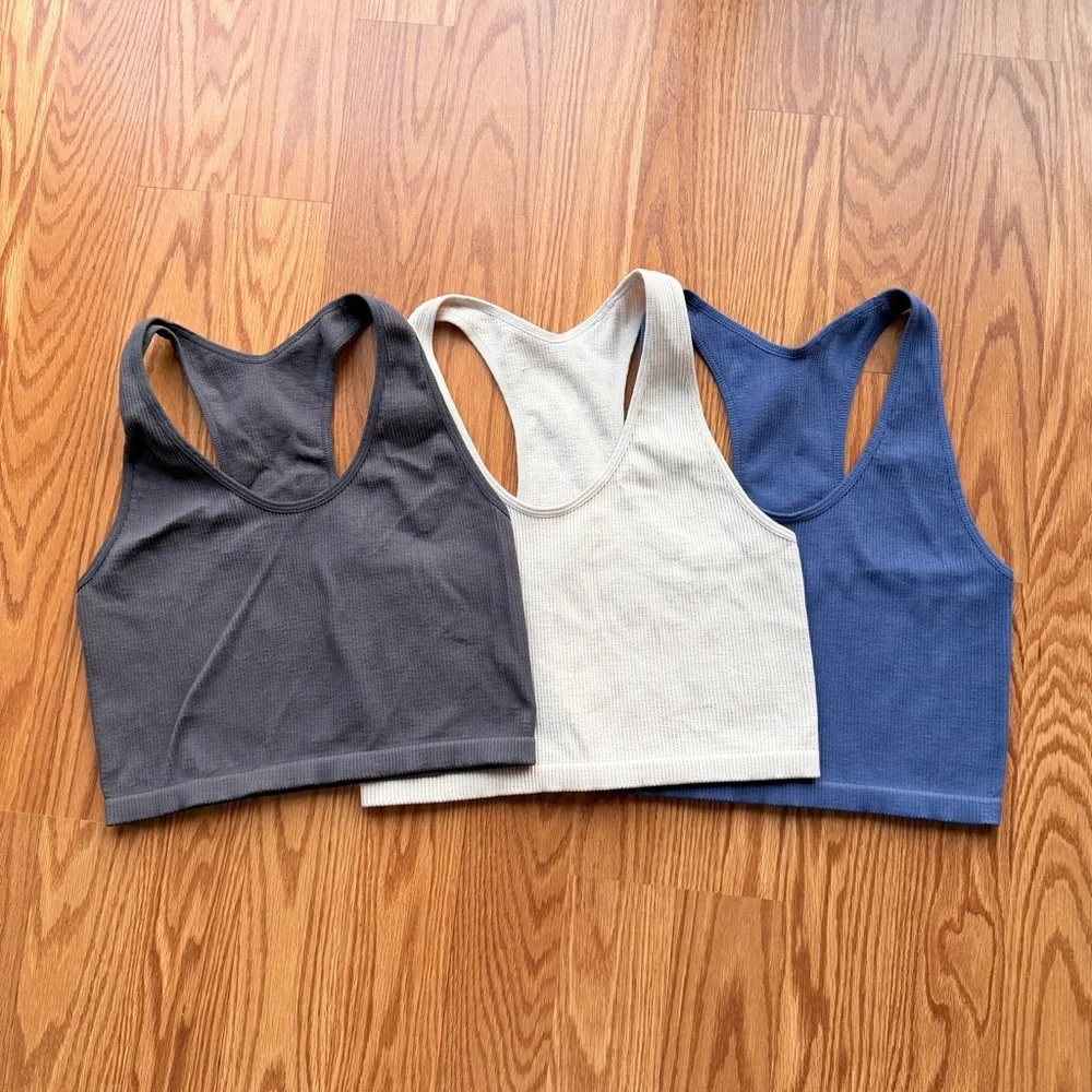 Zella Ribbed Brami Tank Set of 3 – Size Large (Neutral + Blue)